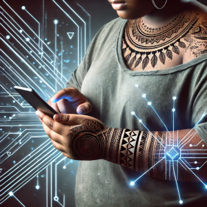 Pessoa segurando um smartphone, com tatuagens no estilo cybertribal que combinam linhas digitais e estéticas tribais. A imagem exibe linhas interconectadas, lembrando conexões de rede, representando a fusão entre o tribalismo e a era digital.